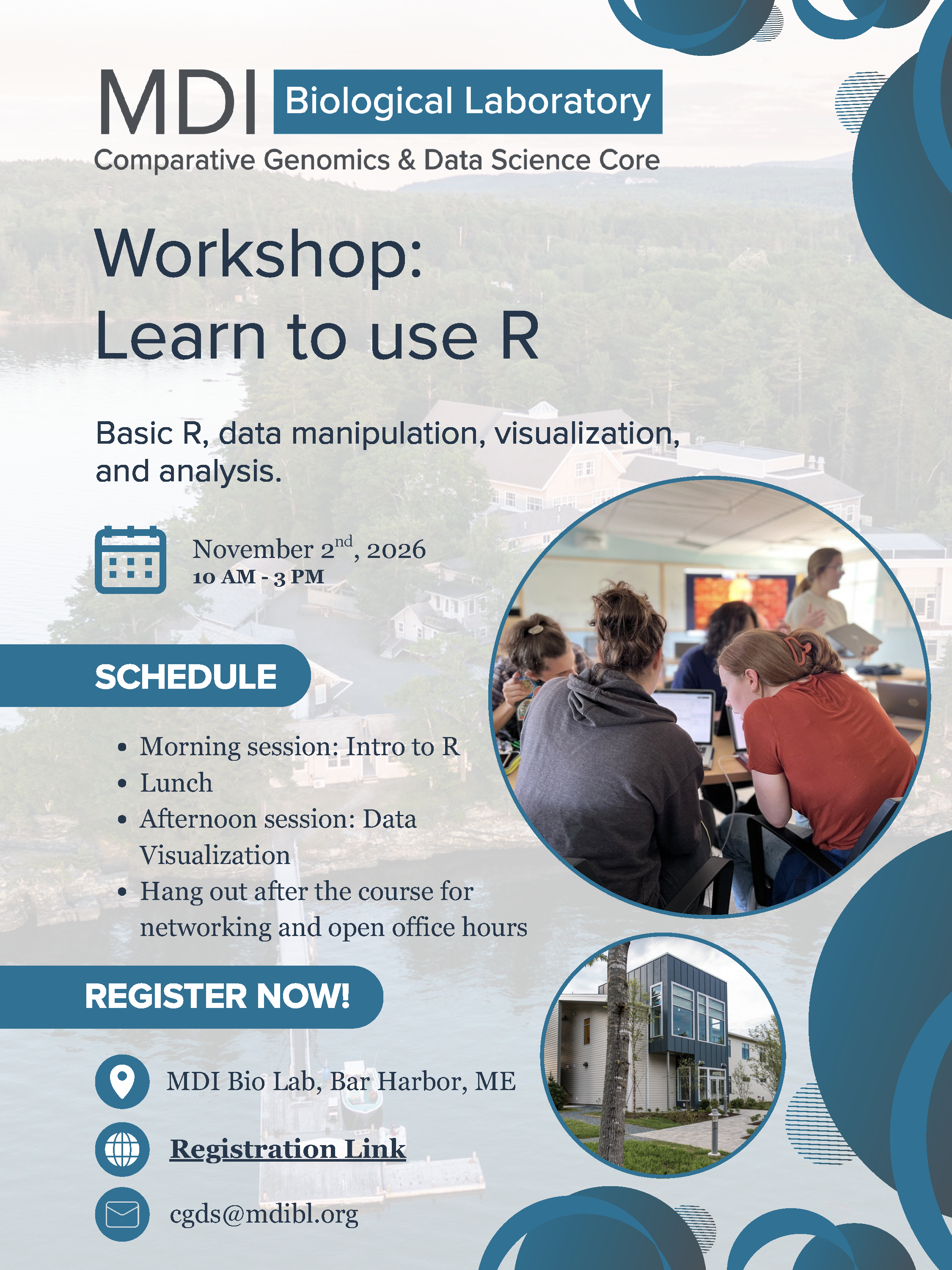 Workshop poster: Learn to use R, Nov. 2, 2026, 10 a.m. to 3 p.m., MDI Bio Lab, Bar Harbor, Maine